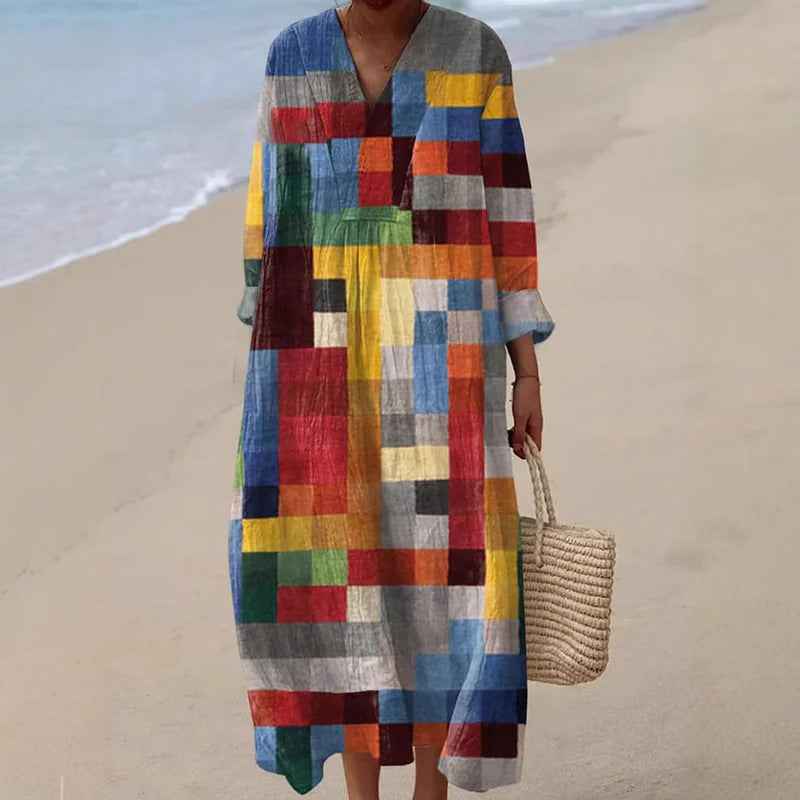 Retro V-neck Bohemian-print Loose-fitting Dress - VEX CLUB HOUSE