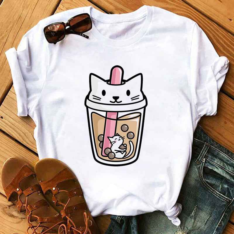 New Cute Milk Tea Print Short Sleeve Women - VEX CLUB HOUSE
