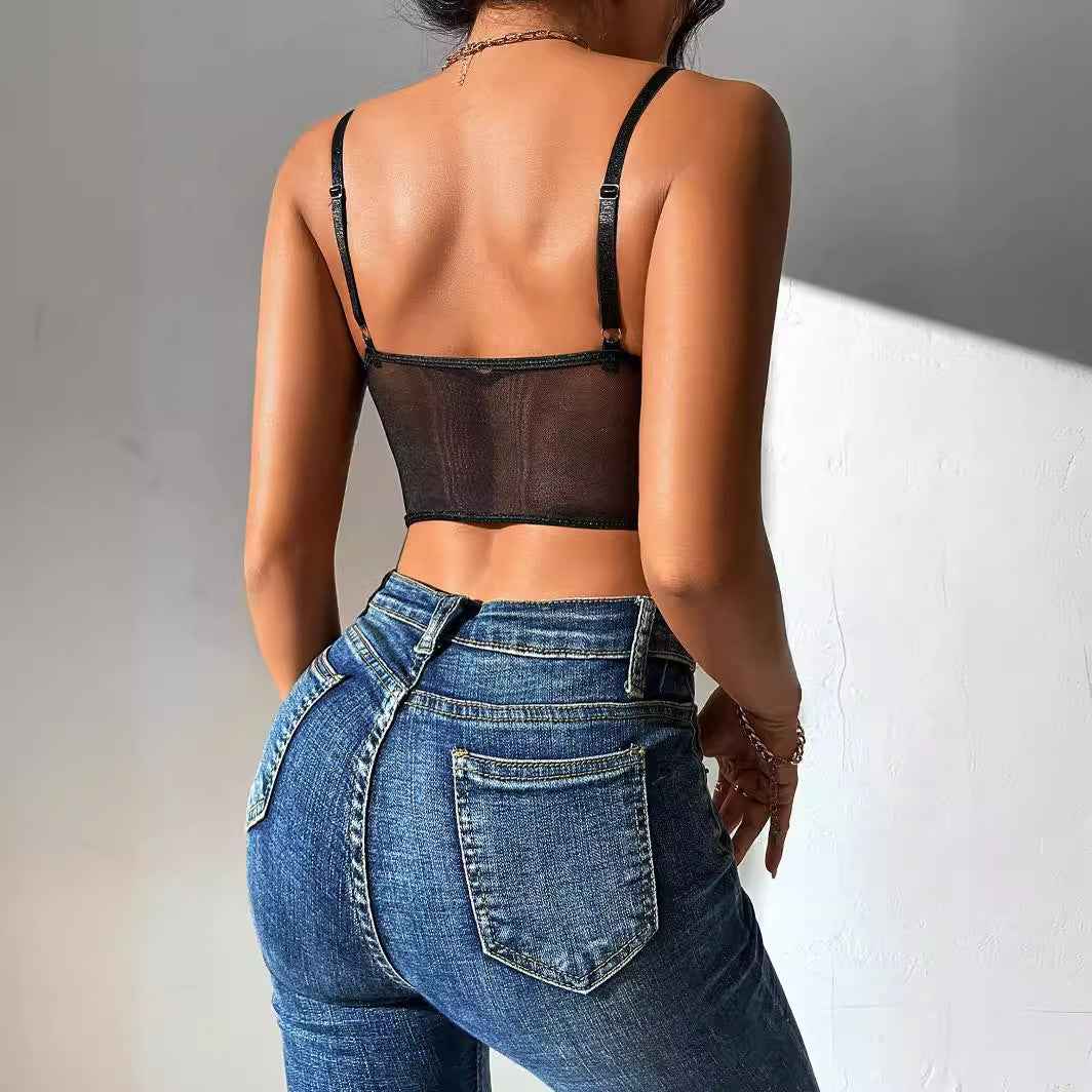 Sheer Mesh Camisole With Spliced Women's Bare Back - VEX CLUB HOUSE