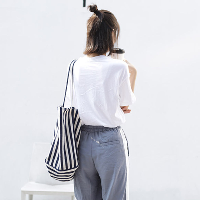 Striped Canvas Bags High Capacity Shoulder Bags For Women Fashion Shopper Handbags Casual Shopping Totes - VEX CLUB HOUSE