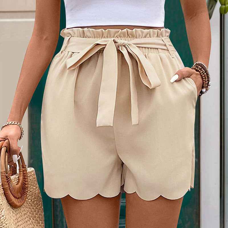 Lace-up Scalloped Solid Color Shorts For Women - VEX CLUB HOUSE