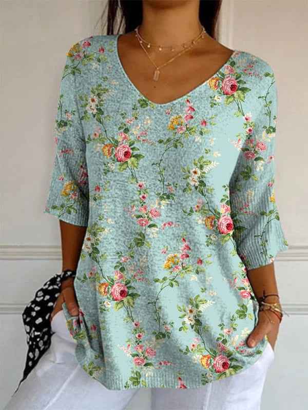 Elegant Retro Womens Casual Floral Print V-Neck Long-Sleeve Top - VEX CLUB HOUSE