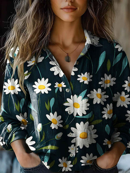 Floral-print Long-sleeve Shirt Delicate Linen Casual Blouse - VEX CLUB HOUSE