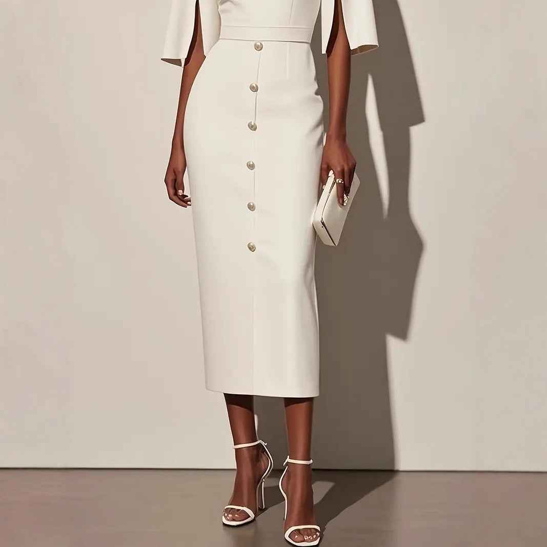 Summer Solid-Color Crew-Neck Defined-Waist Dress With Slit And Buttons - VEX CLUB HOUSE