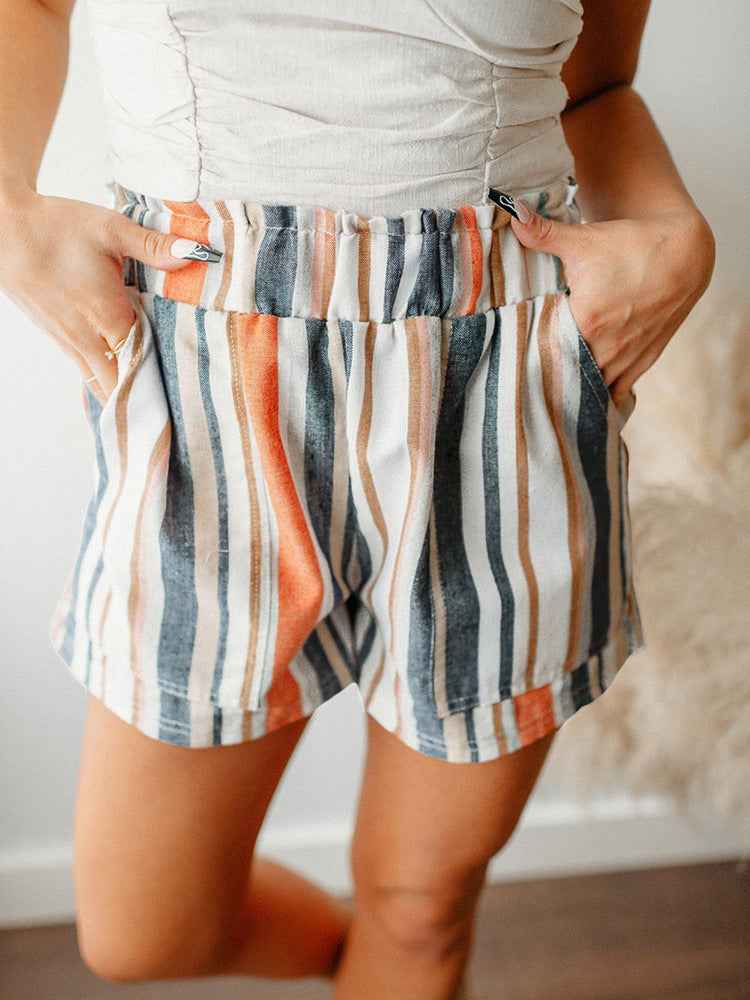 Striped Contrast Color Casual Shorts For Women - VEX CLUB HOUSE