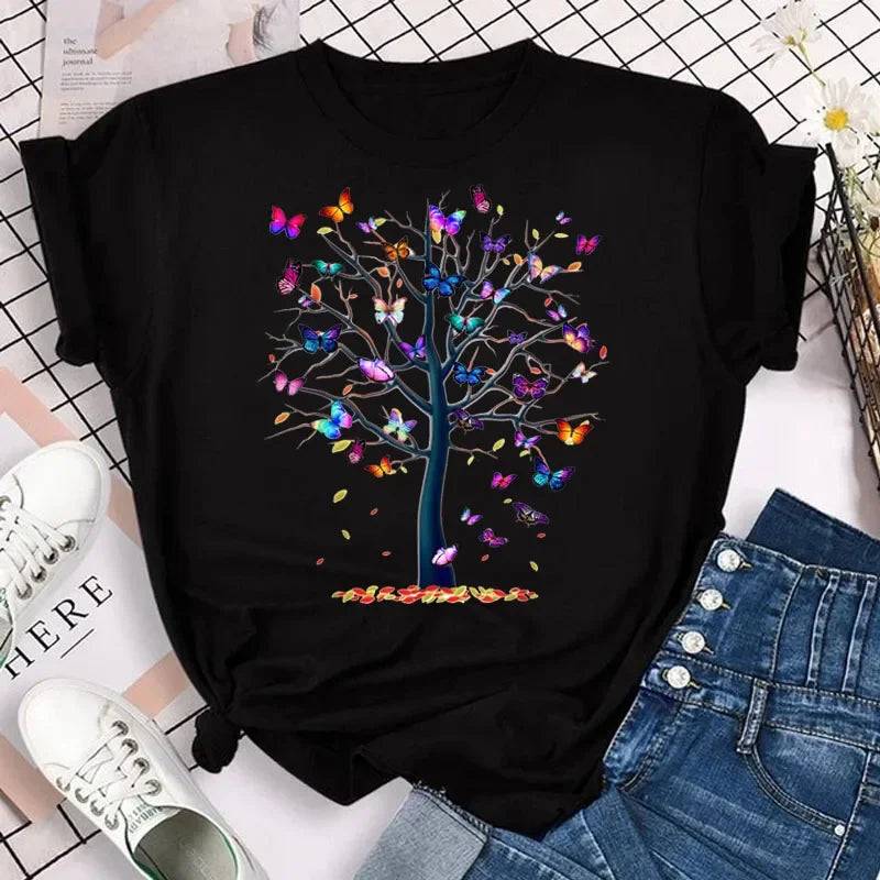 Colorful Butterfly Print Short Sleeve T Shirt