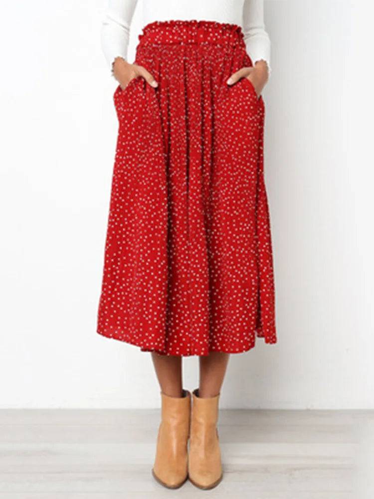 White Dots Floral Print  High Waist Skirts