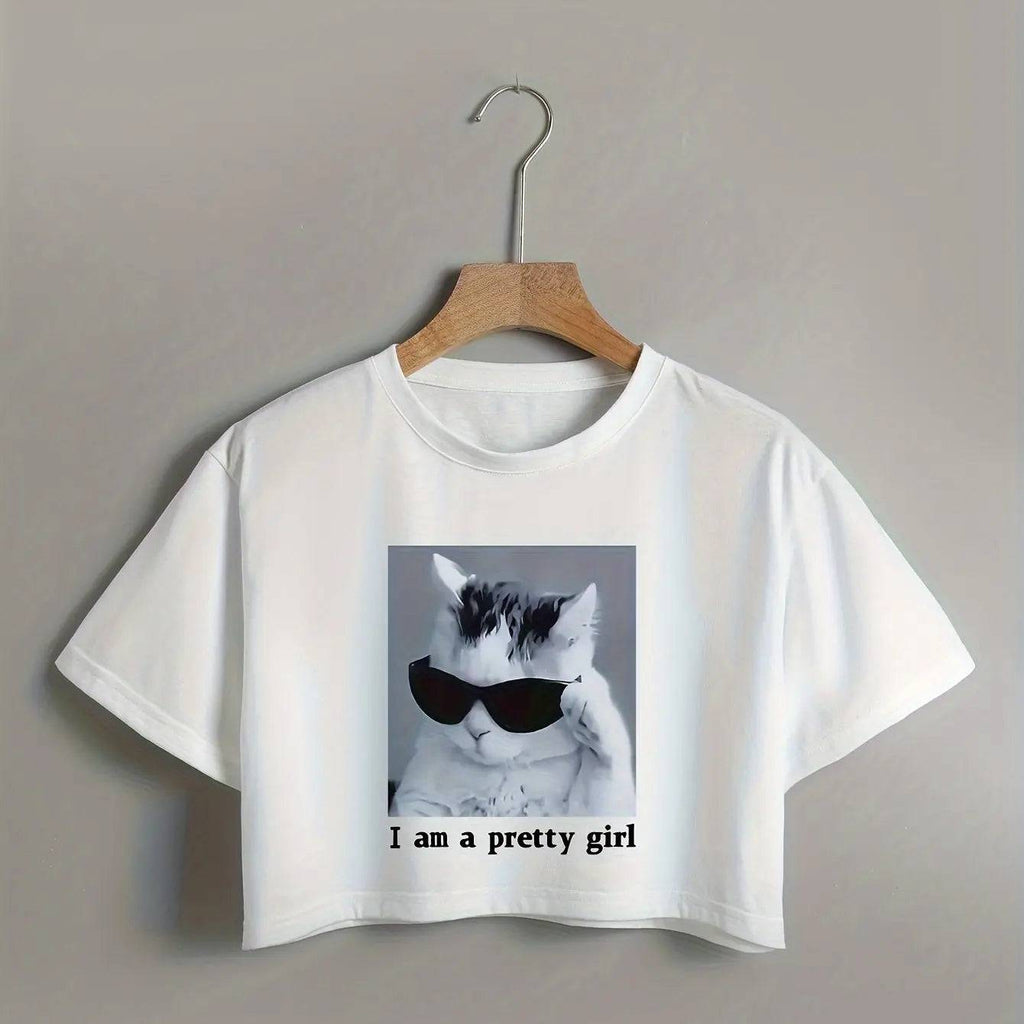 Cool Cat & Letter Print Crop T-Shirt