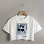 Cool Cat & Letter Print Crop T-Shirt