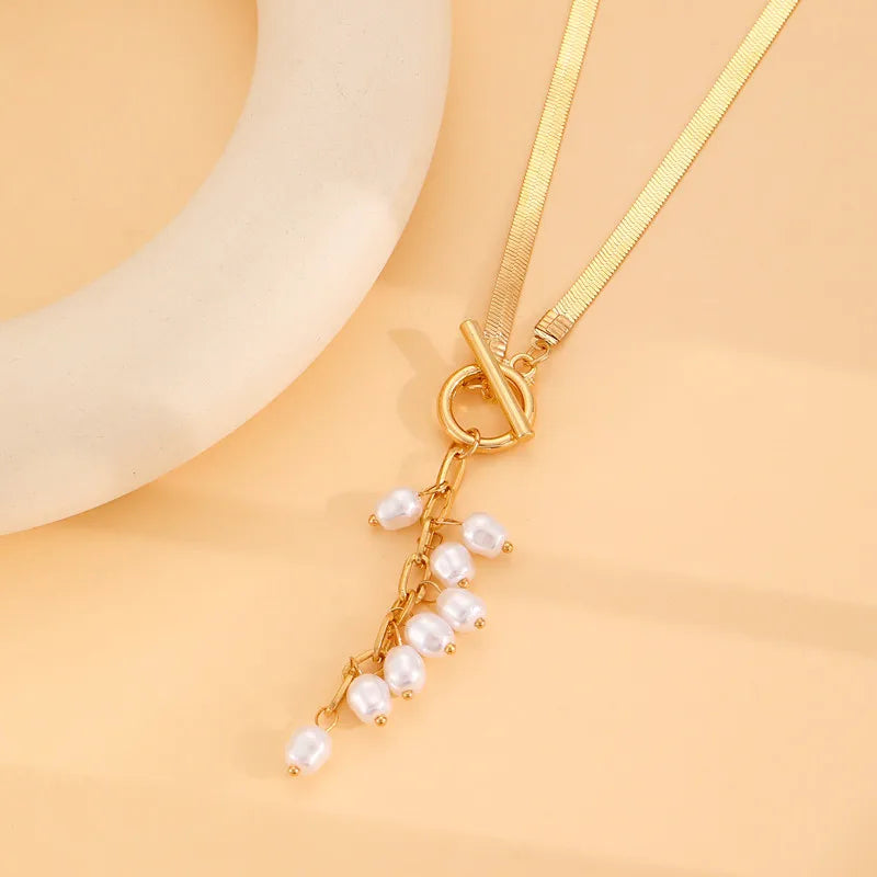 Pearl Tassel Flat Snake Bone Necklace