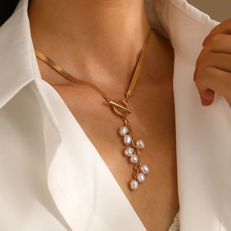 Pearl Tassel Flat Snake Bone Necklace