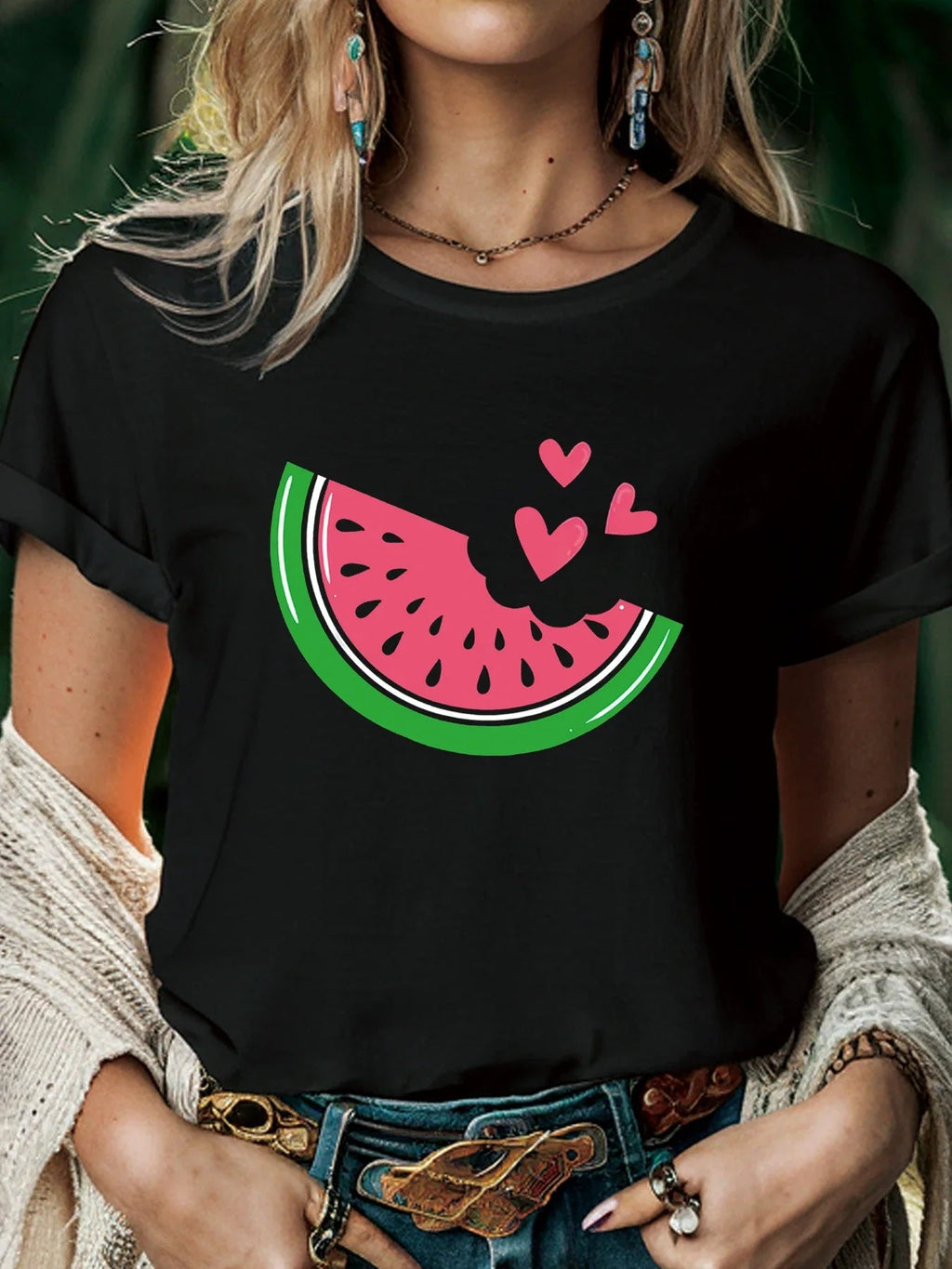 Women's Watermelon Heart Print T-shirt Casual Round Neck Short Sleeve T-shirt Women's Summer Fashion T-shirt Graphic T Shirts V E X C L U B H O U S E