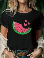 Women's Watermelon Heart Print T-shirt Casual Round Neck Short Sleeve T-shirt Women's Summer Fashion T-shirt Graphic T Shirts V E X C L U B H O U S E