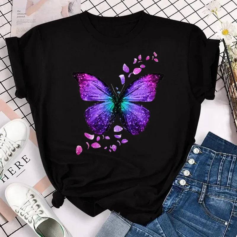 Colorful Butterfly Print Short Sleeve T Shirt