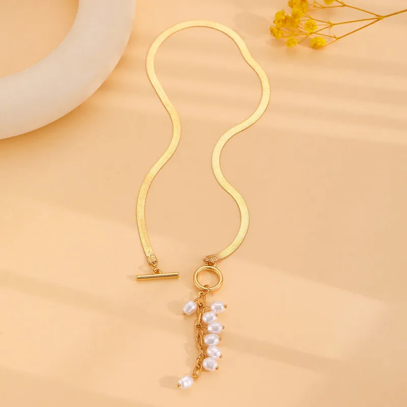 Pearl Tassel Flat Snake Bone Necklace