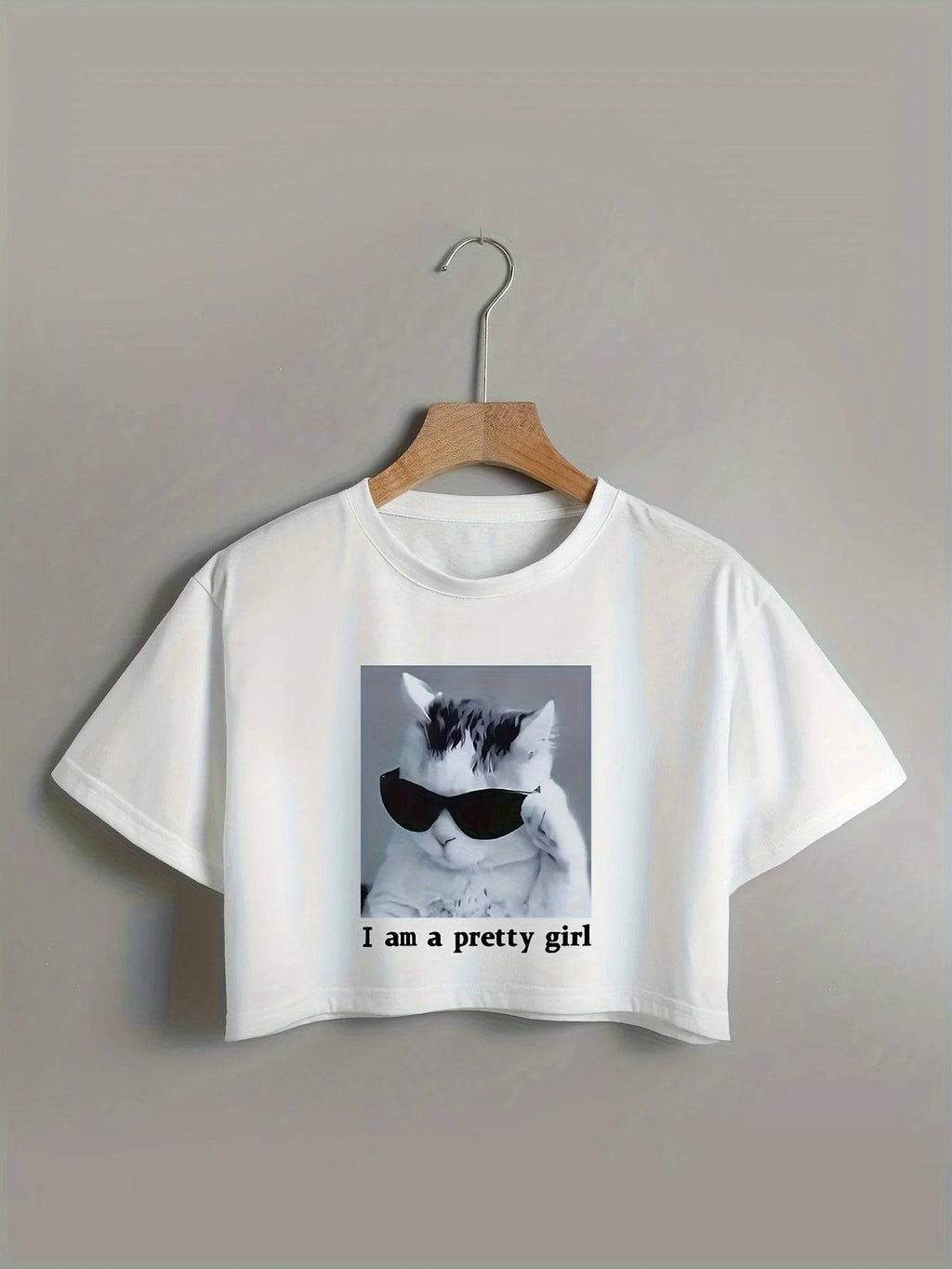 Cool Cat & Letter Print Crop T-Shirt