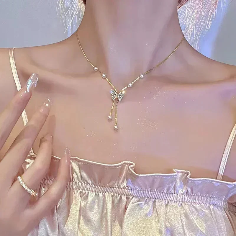 Pearl Tassel Flat Snake Bone Necklace