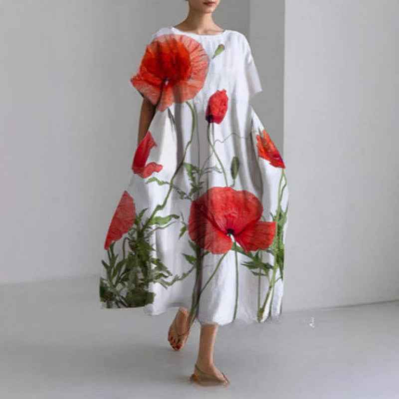 Women's Loose Round Neck Fashion Premium Short Sleeve Printed Dress - VEX CLUB HOUSE