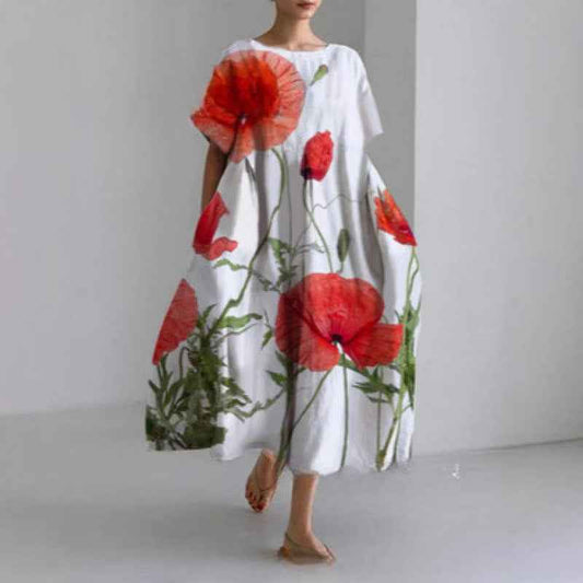 Women's Loose Round Neck Fashion Premium Short Sleeve Printed Dress - VEX CLUB HOUSE