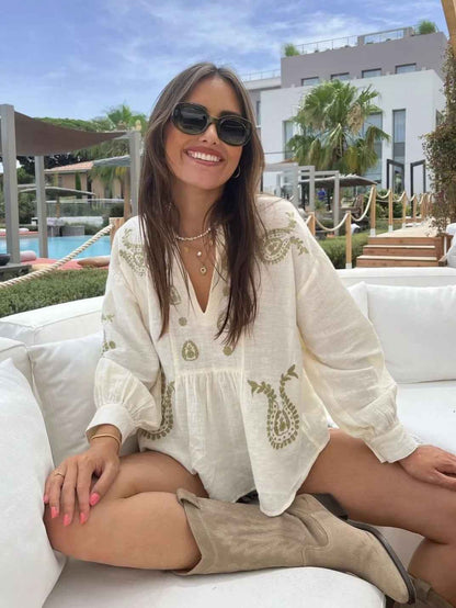 Womens Loose-fitting Cotton Embroidered Blouse - VEX CLUB HOUSE
