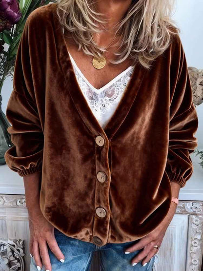 Womens Casual V-neck Long-sleeve Solid-color Cardigan Top - VEX CLUB HOUSE