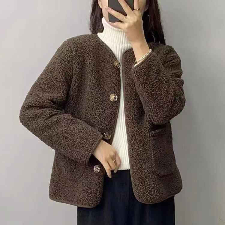 Round Neck Lamb Wool Loose Coat - VEX CLUB HOUSE