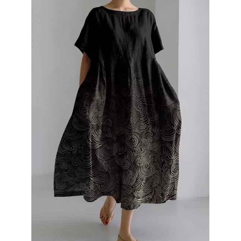 Women's Loose Round Neck Fashion Premium Short Sleeve Printed Dress - VEX CLUB HOUSE