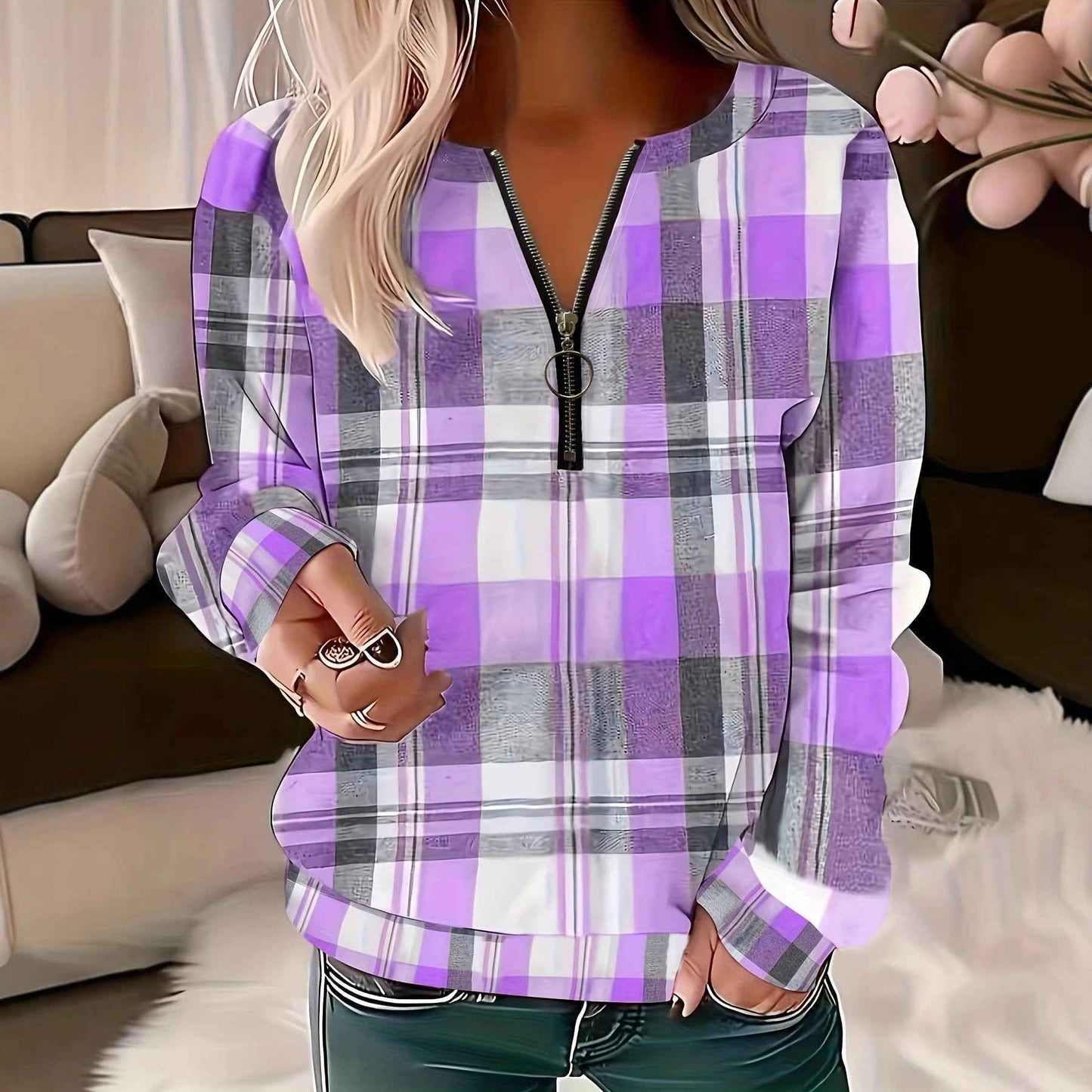 Womens Autumn Winter Printed Plaid Half-Zip Hoodie - VEX CLUB HOUSE