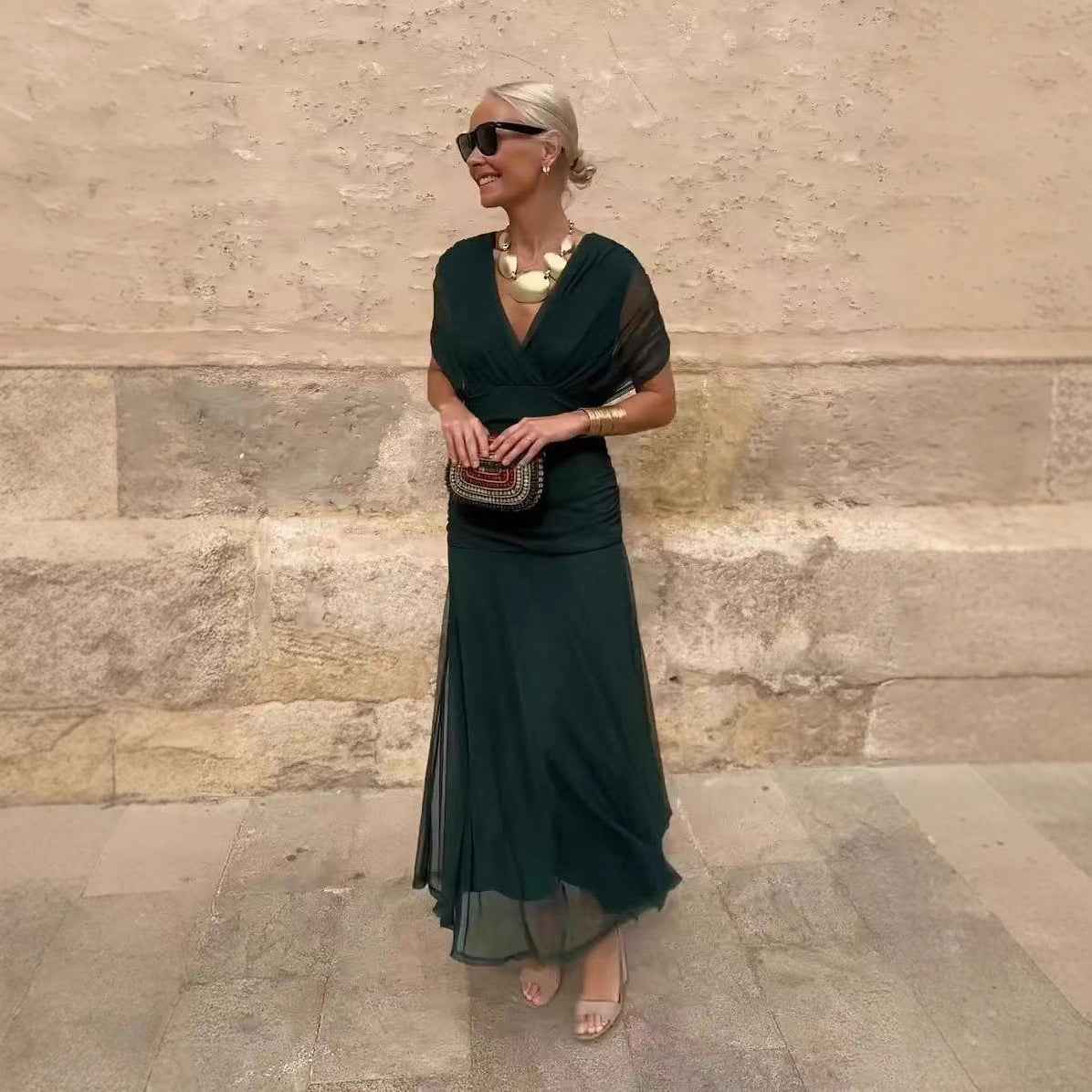 European And American SpringSummer Mesh Printed Camisole Dress - VEX CLUB HOUSE