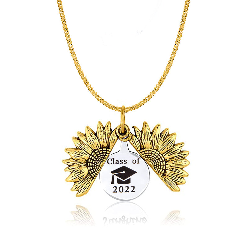 Vintage Gold Sunflower Locket Necklace Stainless Steel Class Of Graduate Cap Necklaces For Men Women Graduation Jewelry V E X C L U B H O U S E