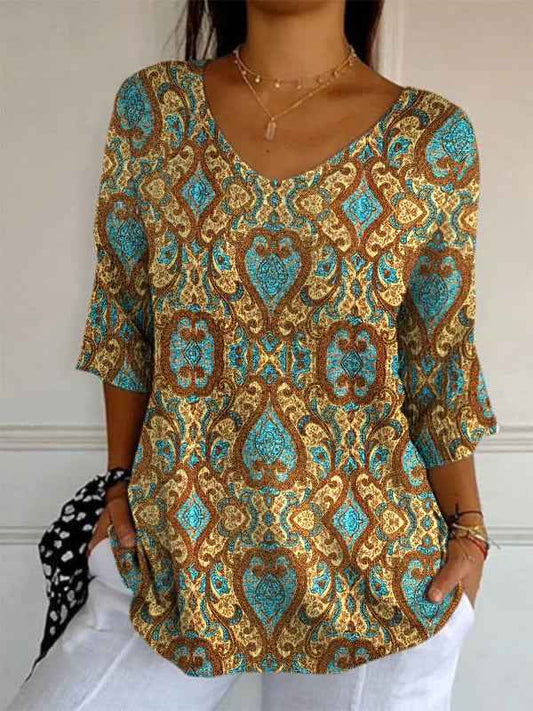 Elegant Retro Womens Casual Floral Print V-Neck Long-Sleeve Top - VEX CLUB HOUSE