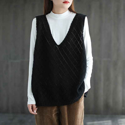 Womens Retro Loose-Neck Hollow-Out Knitted Vest - VEX CLUB HOUSE