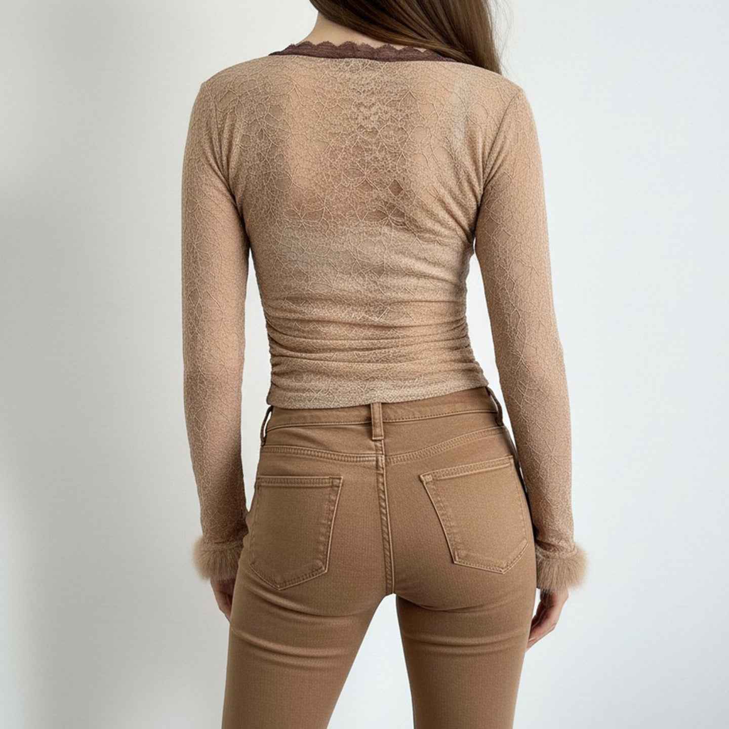Soft-style Twist V-neck Lace Base Top Sexy, Figure-hugging Sweater With Fluffy Fabric Accents For A Sassy Look - VEX CLUB HOUSE