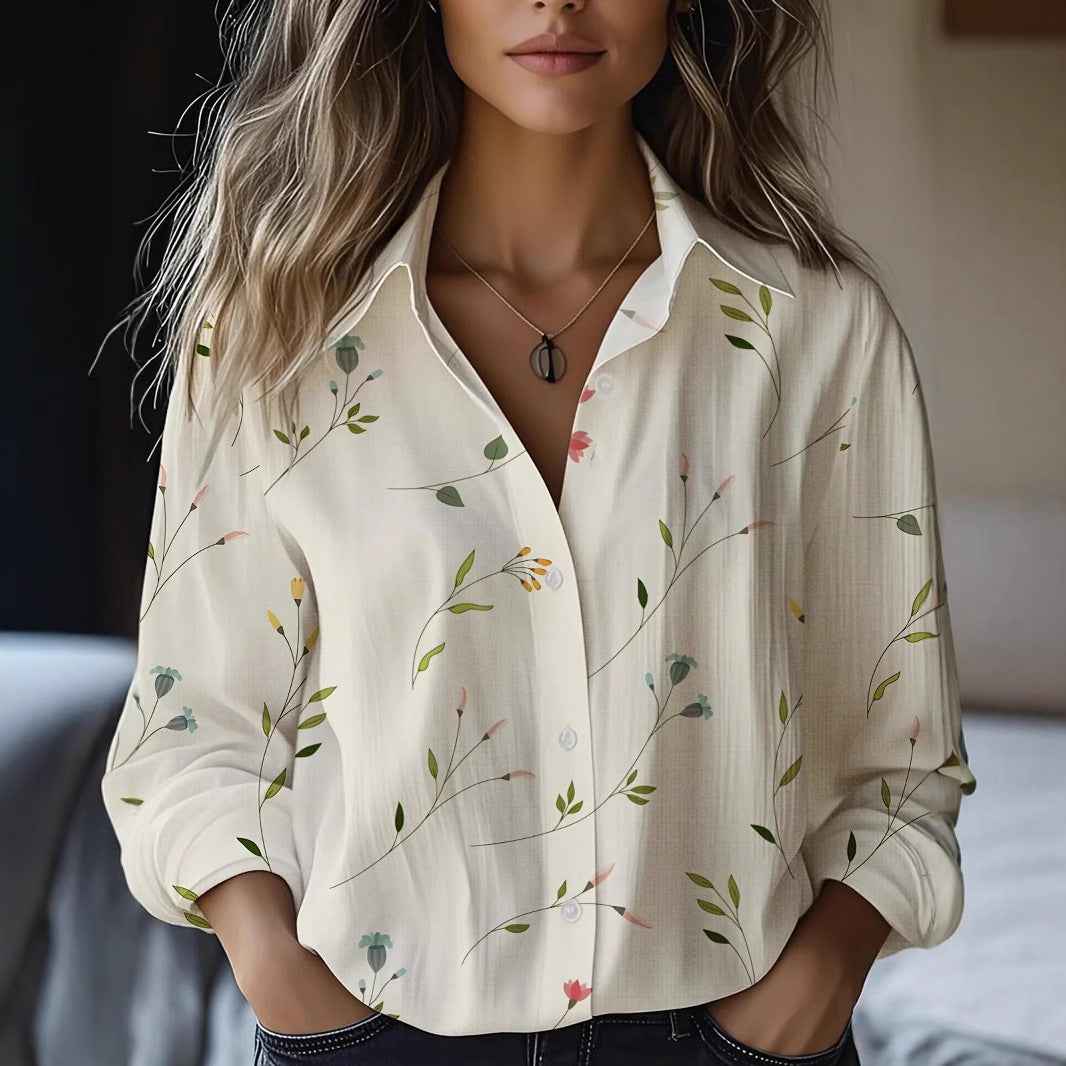 Floral-print Long-sleeve Shirt Delicate Linen Casual Blouse - VEX CLUB HOUSE