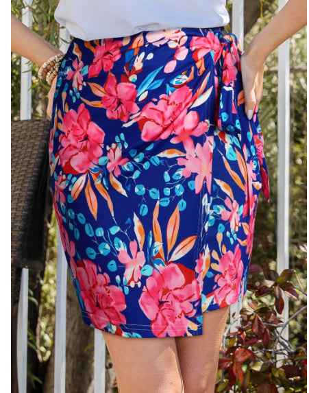 Blue Floral Print Lace-up High Waist Bodycon Mini Skirt - VEX CLUB HOUSE