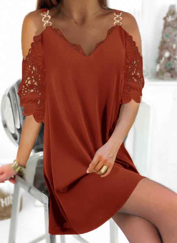Lace Three-quarter-sleeve Straight-line Elegant Waist-cinched V-neck Dress - VEX CLUB HOUSE
