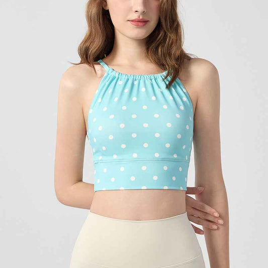 Womens Polka-Dot Plaid Printed Halterneck Tank Top With Cross-Over Design - VEX CLUB HOUSE
