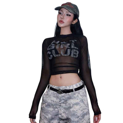 New Womens Fashion Short Top With A Round Neck Floral Print And Sheer Mesh Design - VEX CLUB HOUSE