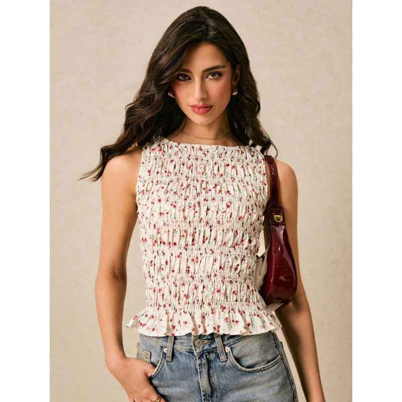 Womens Solid-Color Pleated Crew-Neck Casual Tank Top - VEX CLUB HOUSE