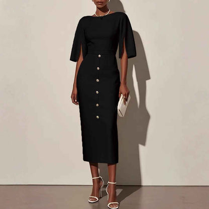Summer Solid-Color Crew-Neck Defined-Waist Dress With Slit And Buttons - VEX CLUB HOUSE