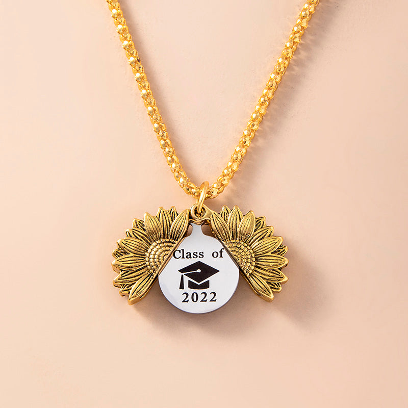 Vintage Gold Sunflower Locket Necklace Stainless Steel Class Of Graduate Cap Necklaces For Men Women Graduation Jewelry V E X C L U B H O U S E
