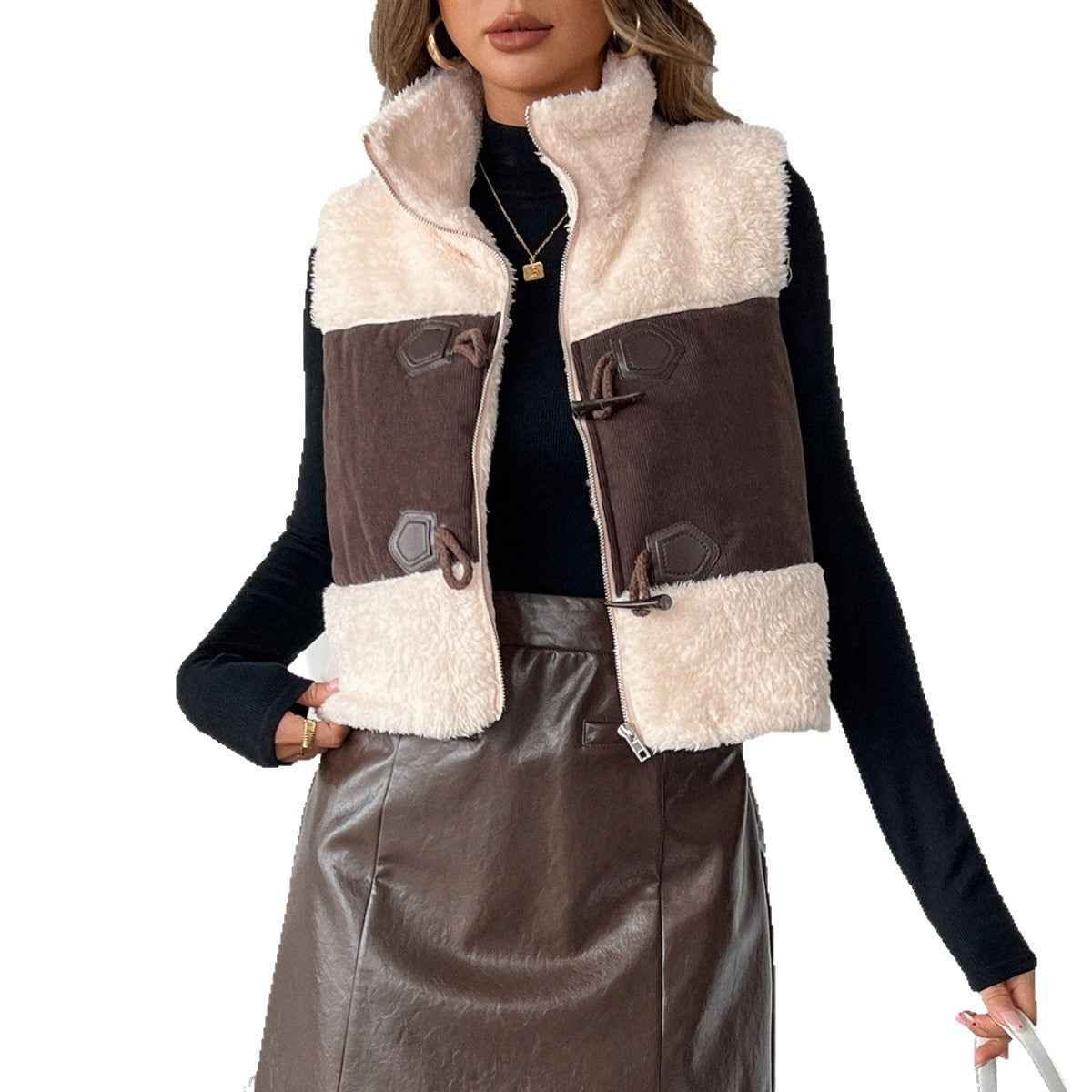 New Color-blocked Lambswool Vest With Integrated Leather And Fur - VEX CLUB HOUSE