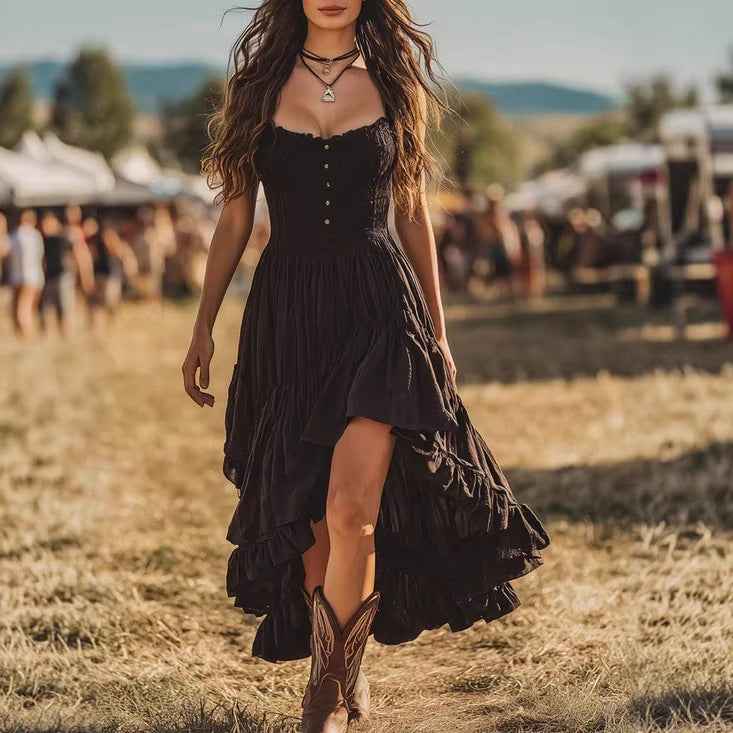 Bohemian-style Dress With An Asymmetrical Ruffled Hem - VEX CLUB HOUSE