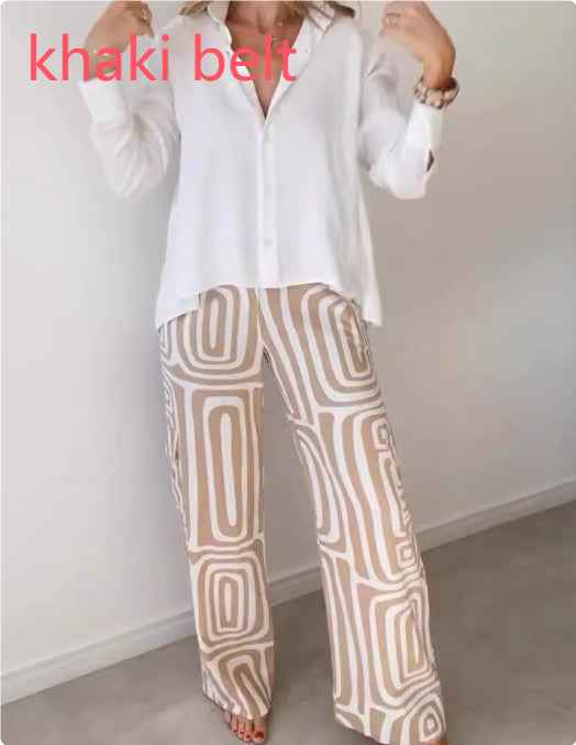Women's Casual Long-sleeved Lapel Shirt Printed Wide-leg Pants Suit - VEX CLUB HOUSE