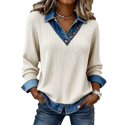 Womens Denim-Trim Patchwork Mock Two-Piece V-Neck Long-Sleeve Casual Top - VEX CLUB HOUSE