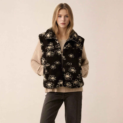 Fashion Polo Collar Flower Print Lamb Wool Vest - VEX CLUB HOUSE