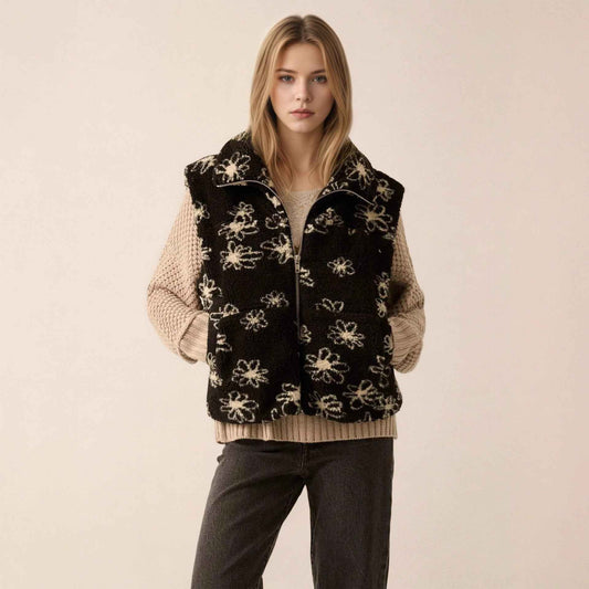 Fashion Polo Collar Flower Print Lamb Wool Vest - VEX CLUB HOUSE