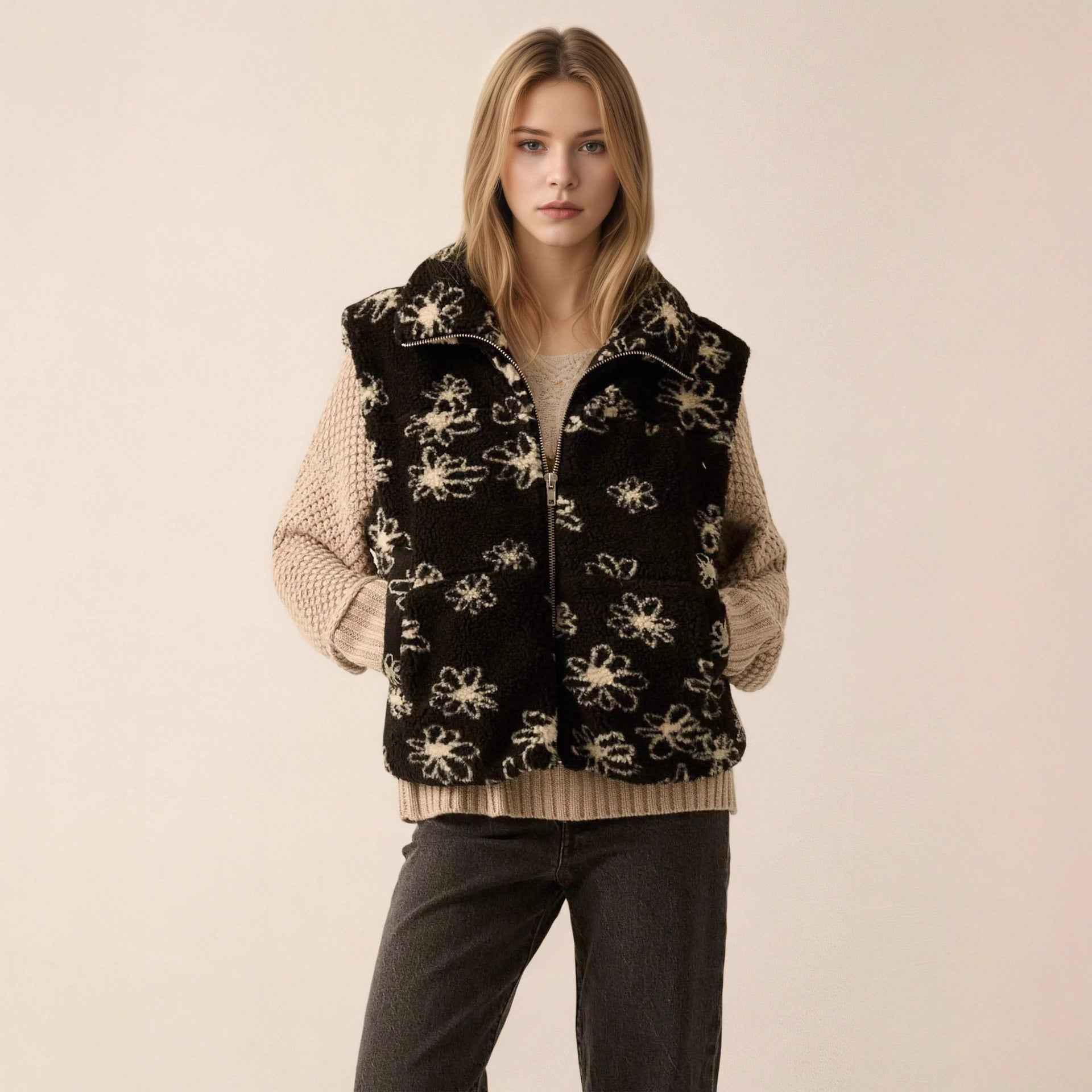 Fashion Polo Collar Flower Print Lamb Wool Vest - VEX CLUB HOUSE