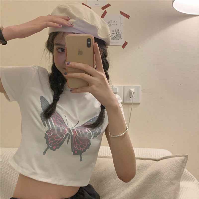 Butterfly T-shirt Short-sleeved Women European And American Tops Ins Women's Hong Kong Style Women's Short-sleeved T-shirt Women Ins Tide - VEX CLUB HOUSE