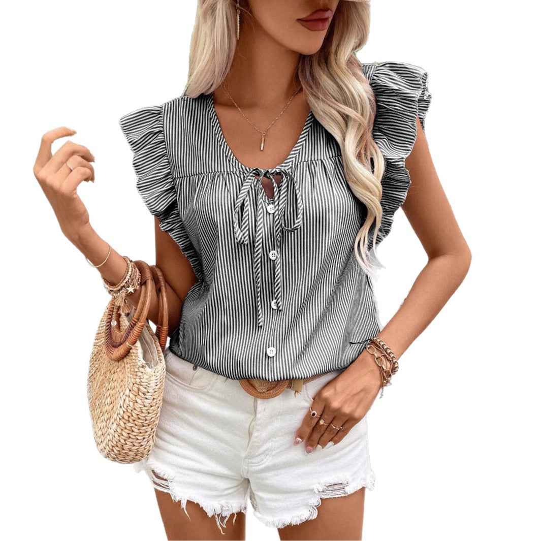 Loose Striped Top With French-Style Strap And Ruffle Sleeves - VEX CLUB HOUSE